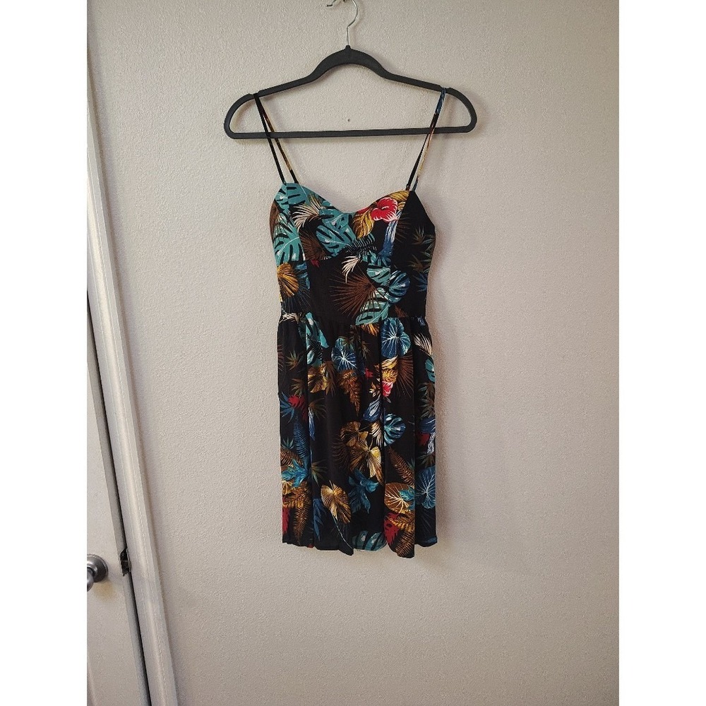 New‎ Look Tropical Floral Mini Dress Black Sweetheart Neck Spaghetti Strap Small